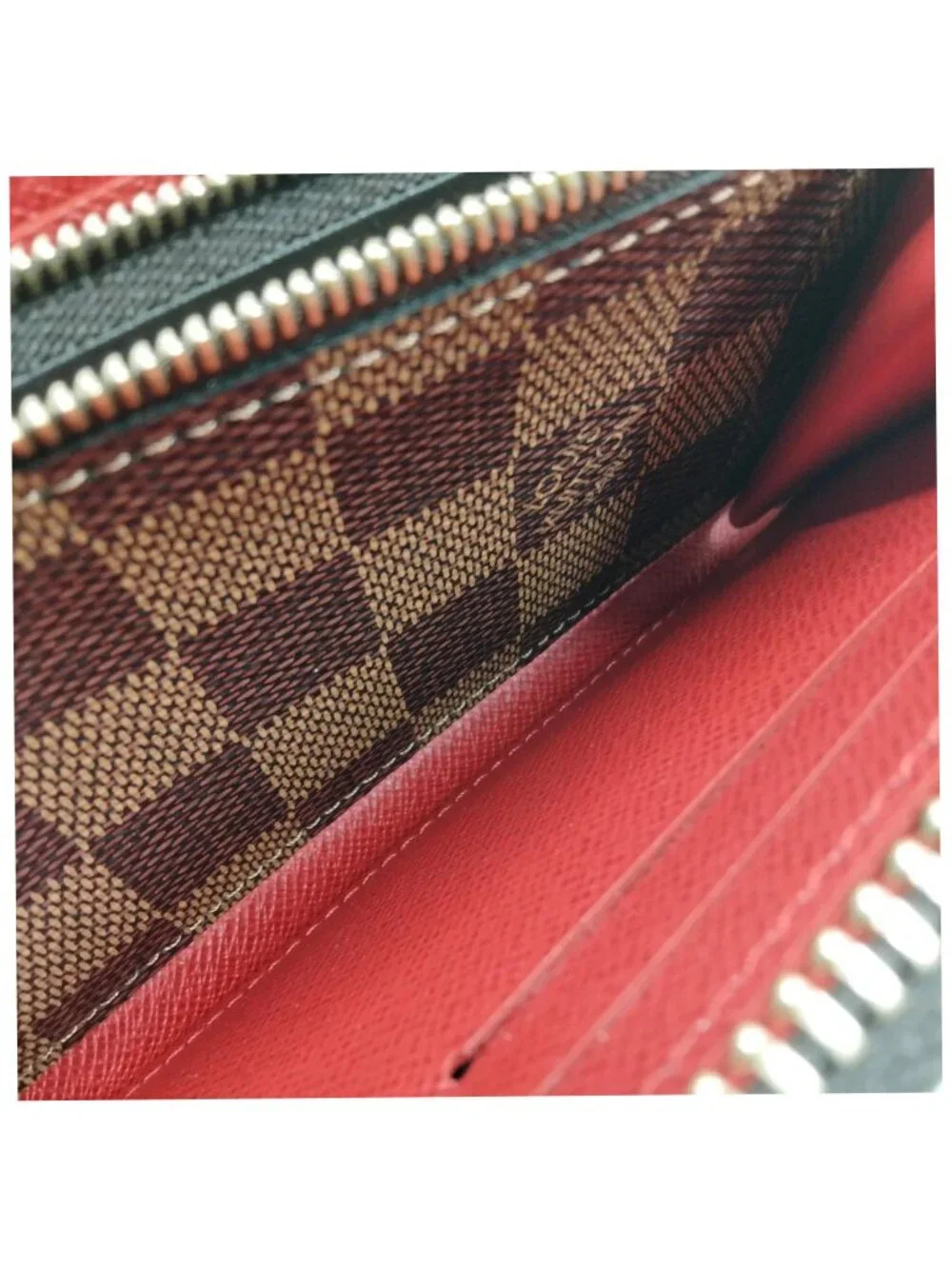 Authentic Louis Vuitton Damier Ebene Zippy Wallet Red Interior